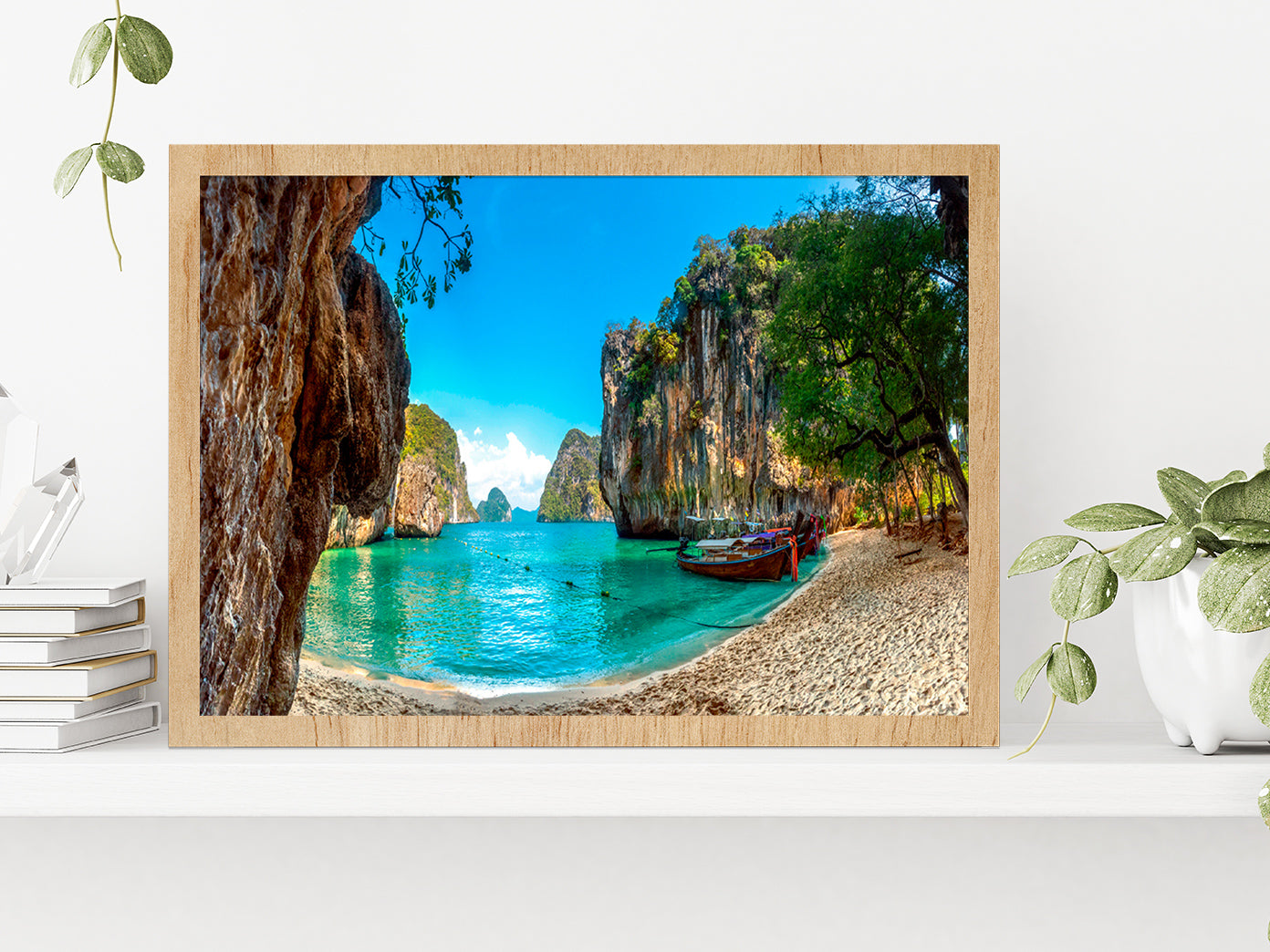 Blue Water At Lao Lading Island Glass Framed Wall Art, Ready to Hang Quality Print Without White Border Oak