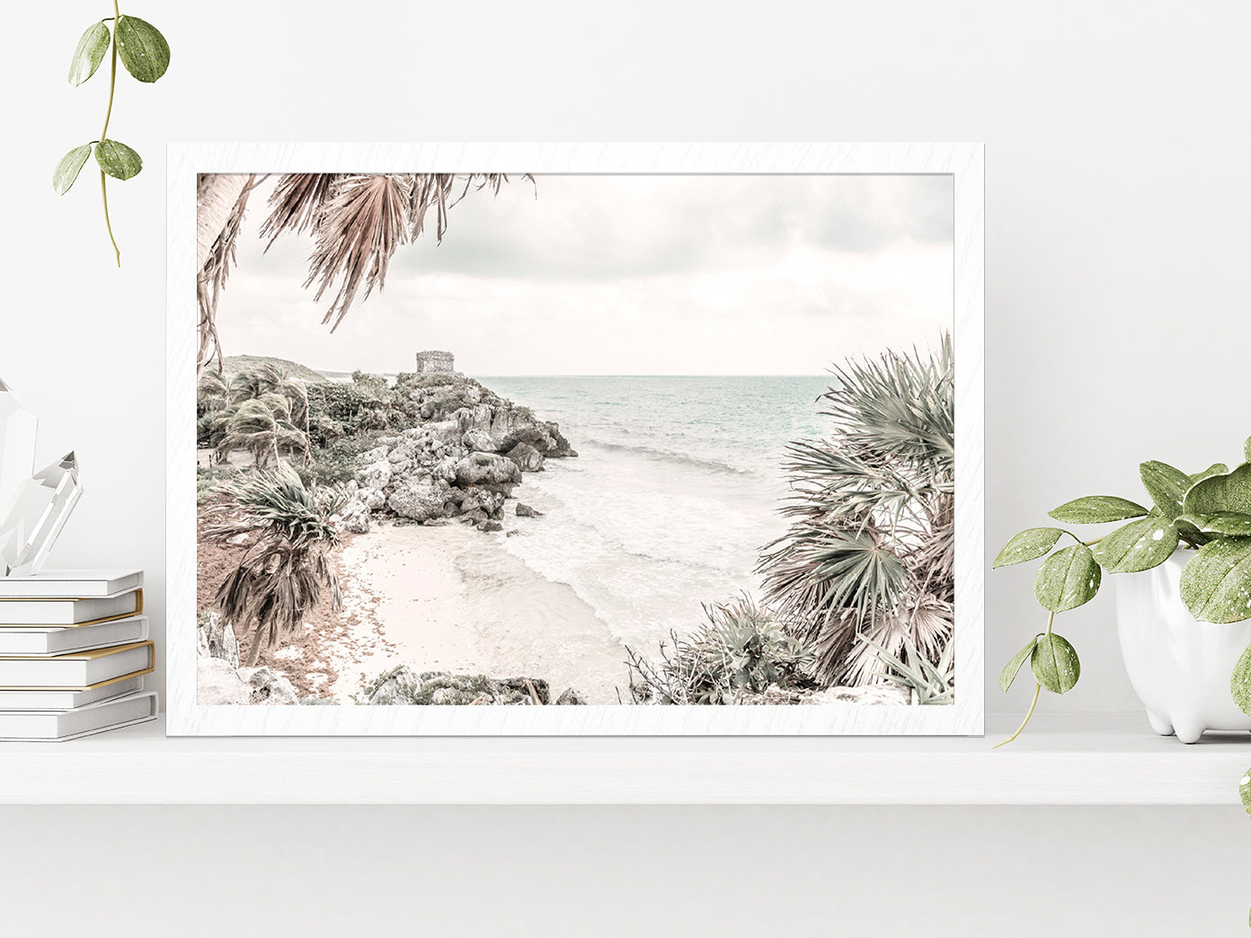 Seawaves on Rocks & Trees Faded Photograph Glass Framed Wall Art, Ready to Hang Quality Print Without White Border White