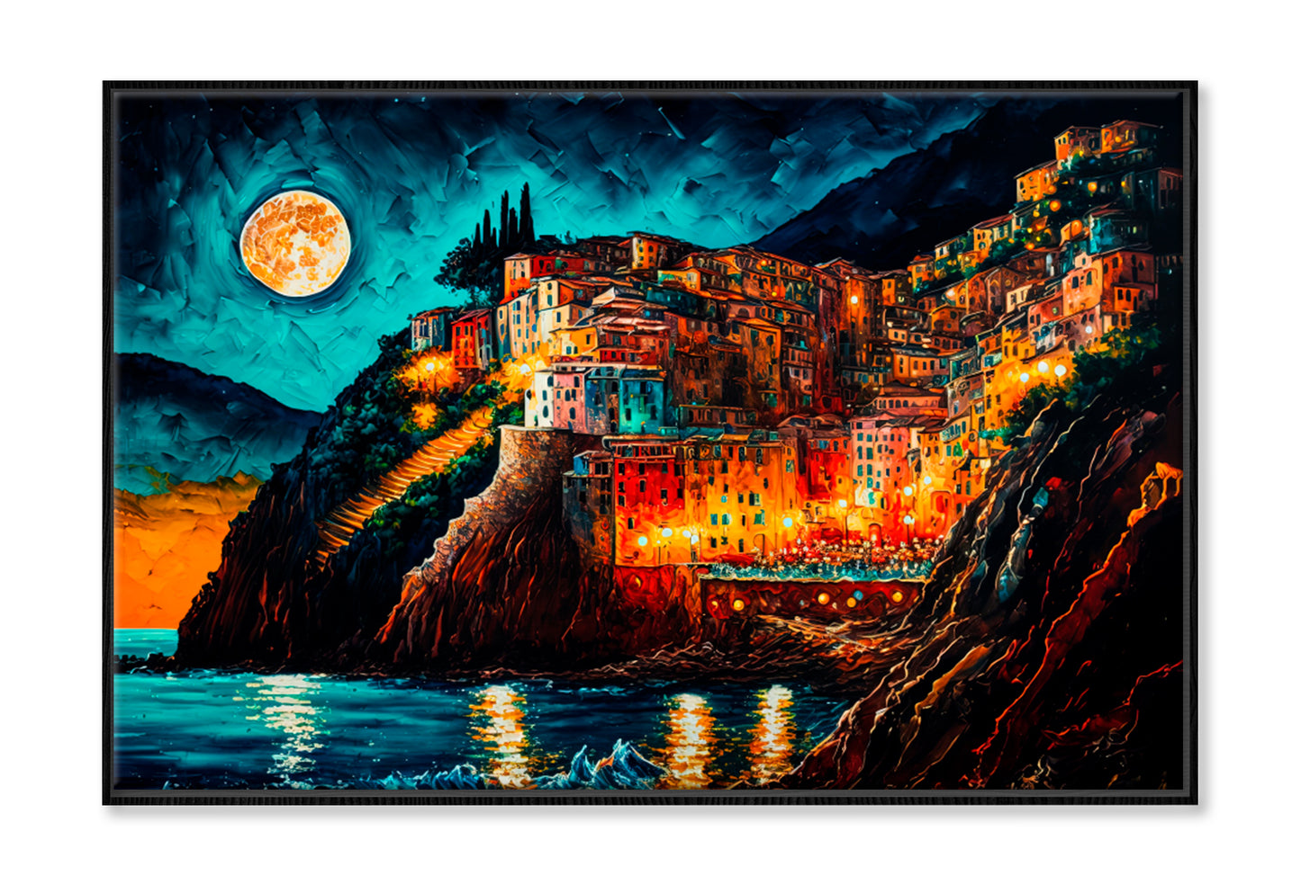 Cityscape Inspired From Cinque Terre, Italy Oil Painting Wall Art Limited Edition High Quality Print Canvas Box Framed Black