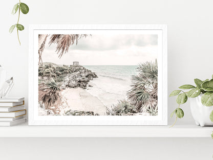 Seawaves on Rocks & Trees Faded Photograph Glass Framed Wall Art, Ready to Hang Quality Print With White Border White