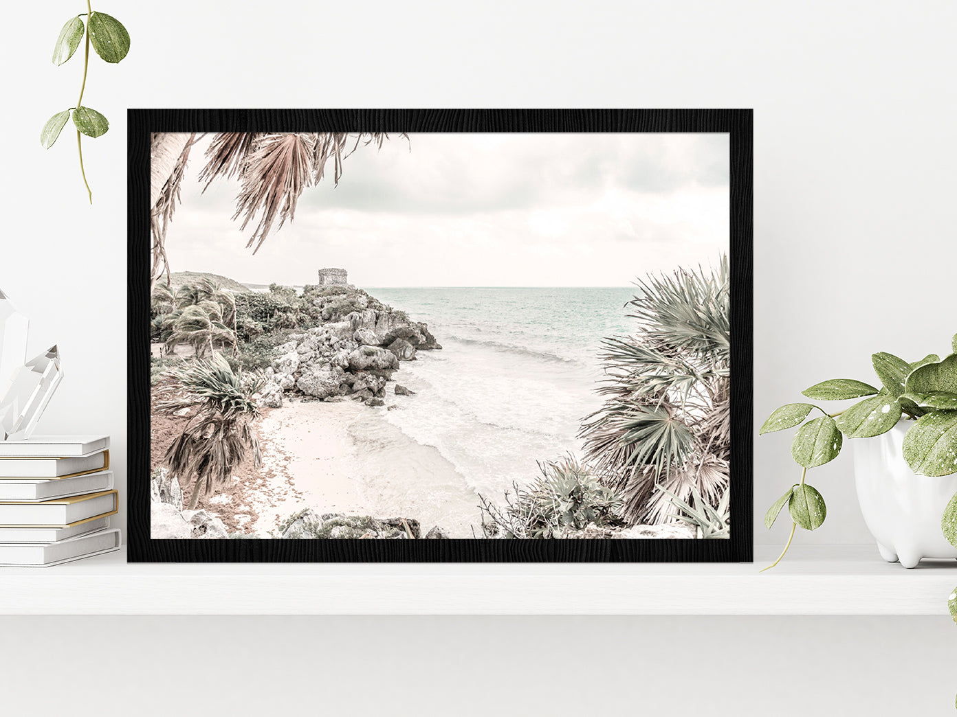 Seawaves on Rocks & Trees Faded Photograph Glass Framed Wall Art, Ready to Hang Quality Print Without White Border Black