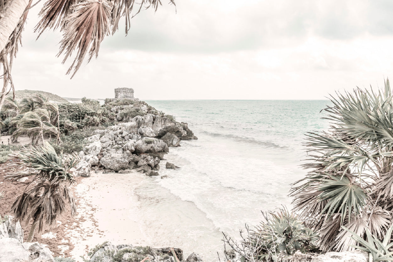 Seawaves on Rocks & Trees Faded Photograph Glass Framed Wall Art, Ready to Hang Quality Print