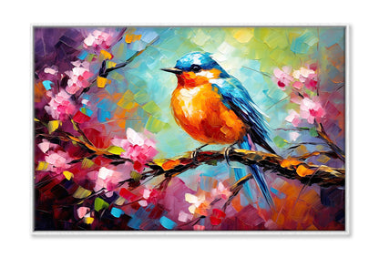 Blue Orange Bird Sitting on Tree Branch Painting Wall Art Limited Edition High Quality Print Canvas Box Framed White