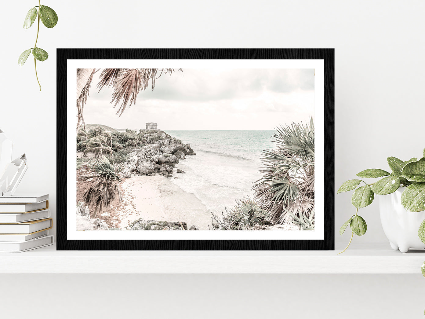 Seawaves on Rocks & Trees Faded Photograph Glass Framed Wall Art, Ready to Hang Quality Print With White Border Black