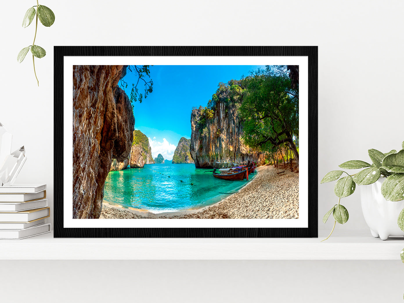 Blue Water At Lao Lading Island Glass Framed Wall Art, Ready to Hang Quality Print With White Border Black