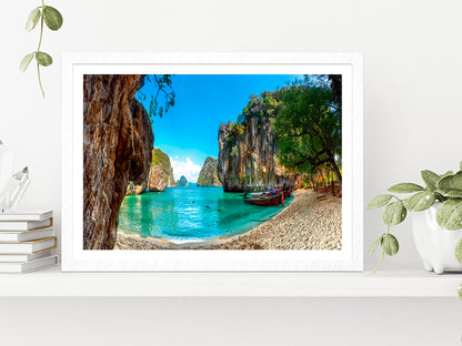 Blue Water At Lao Lading Island Glass Framed Wall Art, Ready to Hang Quality Print With White Border White