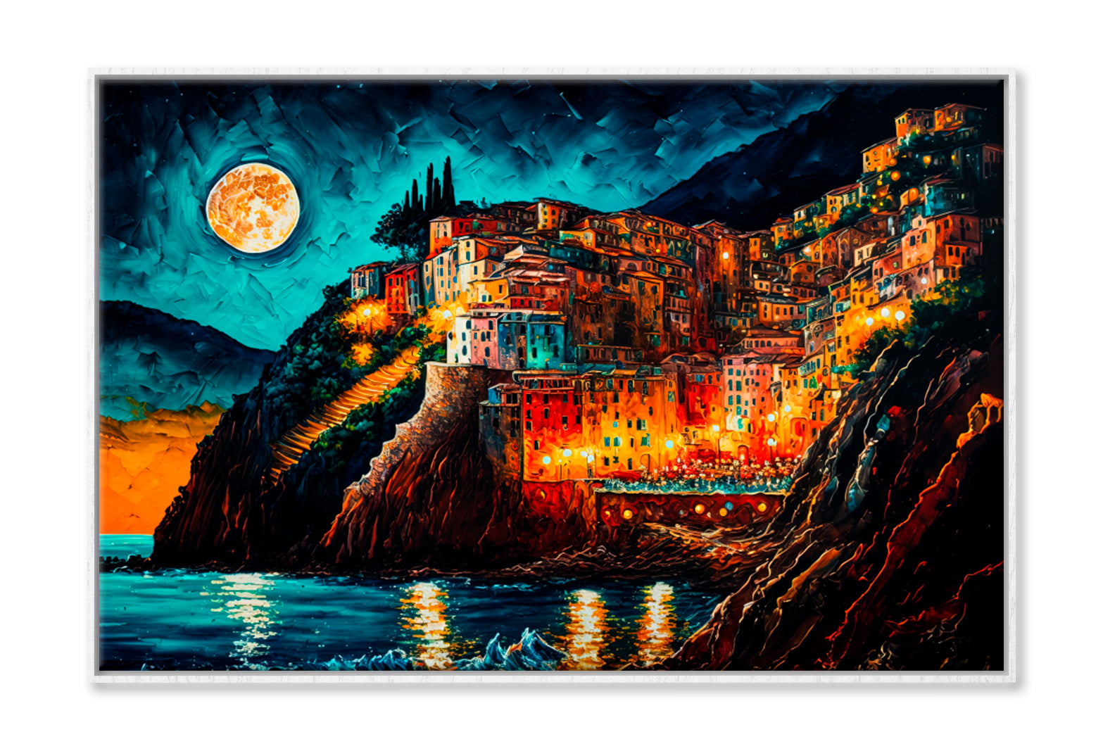 Cityscape Inspired From Cinque Terre, Italy Oil Painting Wall Art Limited Edition High Quality Print Canvas Box Framed White