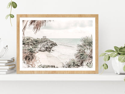 Seawaves on Rocks & Trees Faded Photograph Glass Framed Wall Art, Ready to Hang Quality Print With White Border Oak