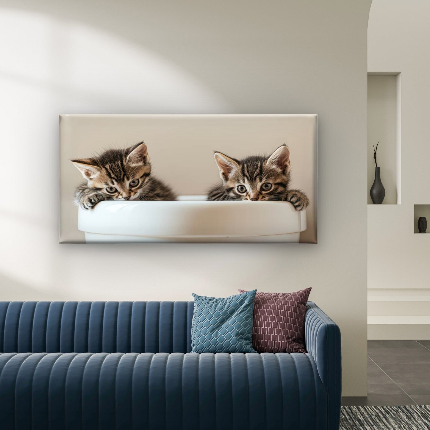 Two Kittens One Cup Wall Art Canvas Office Home Room Framed 120x60cm - Bella Home Decor