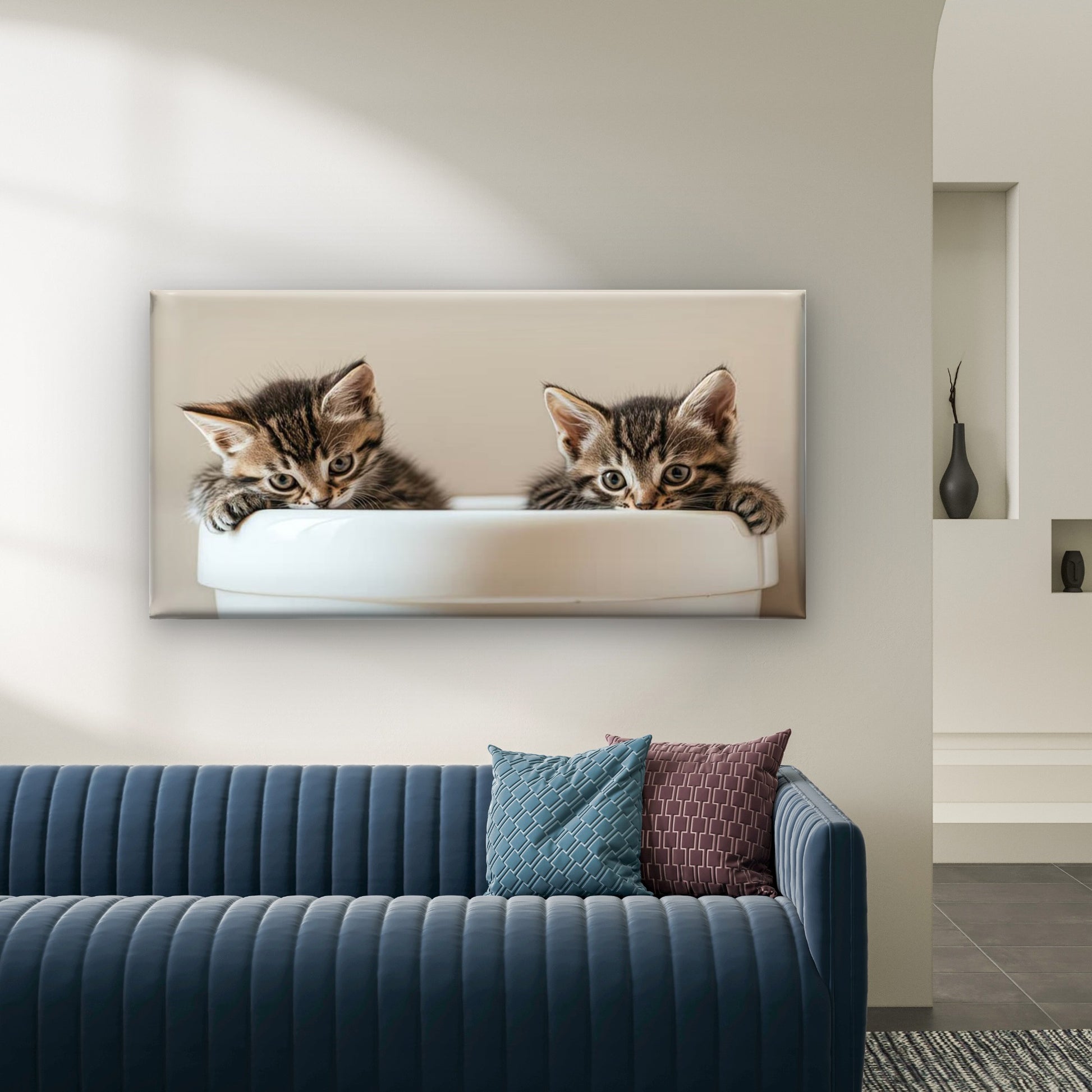 Two Kittens One Cup Wall Art Canvas Office Home Room Framed 120x60cm - Bella Home Decor