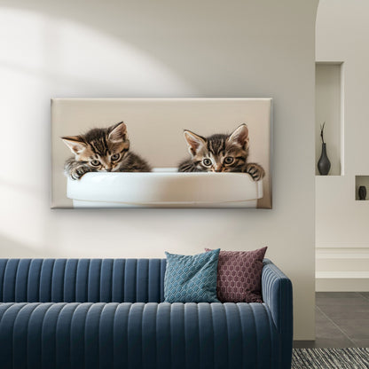Two Kittens One Cup Wall Art Canvas Office Home Room Framed 120x60cm - Bella Home Decor