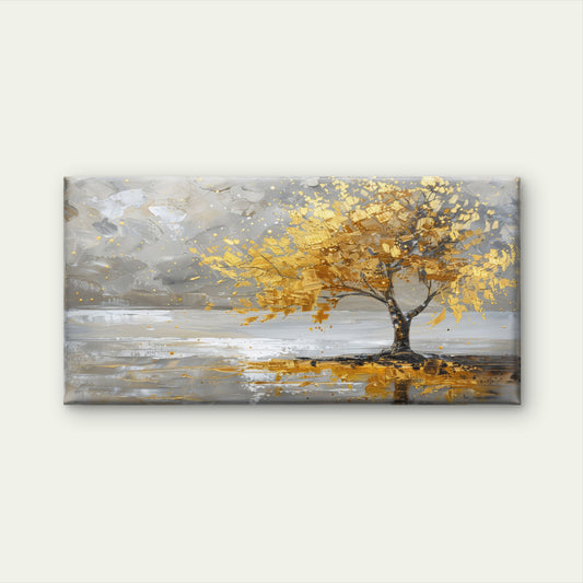 Gold Leaf Tree Horizon Wall Art Canvas Office Home Room Framed 120x60cm