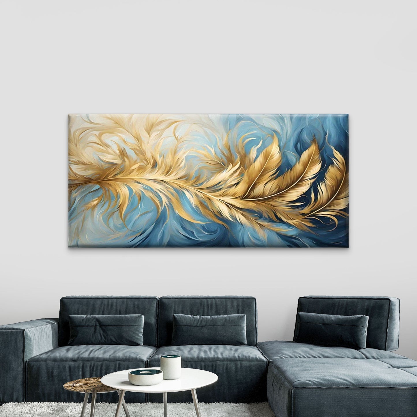 Golden Feathers on Blue Back Wall Art Canvas Office Home Room Framed 120x60cm
