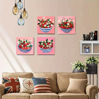 4pcs Vibrant Blue & White Bowl with Fresh  Wall Art Canvas Framed