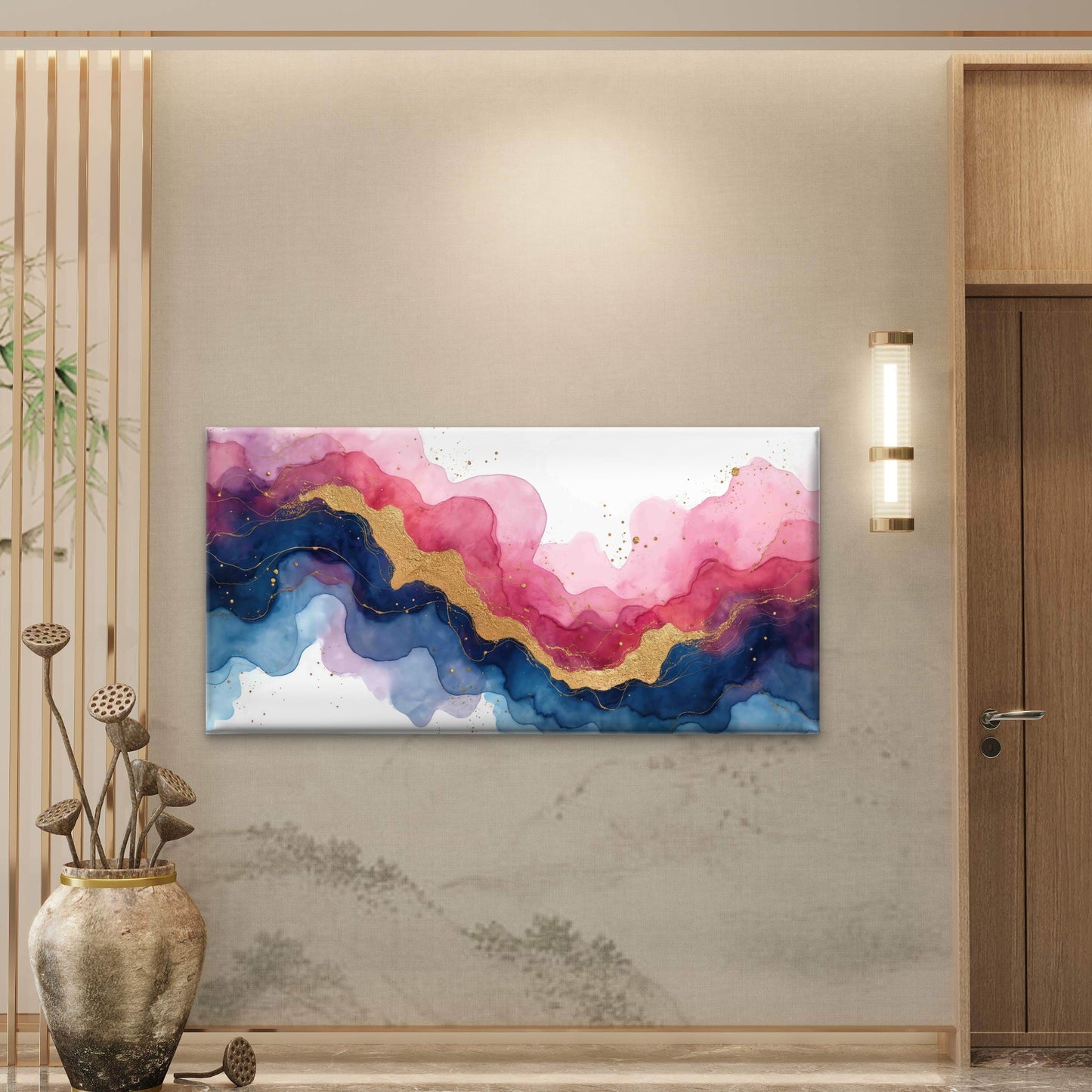 Gold Pink Blue Alcohol Ink Wall Art Canvas Office Home Room Framed 120x60cm - Bella Home Decor