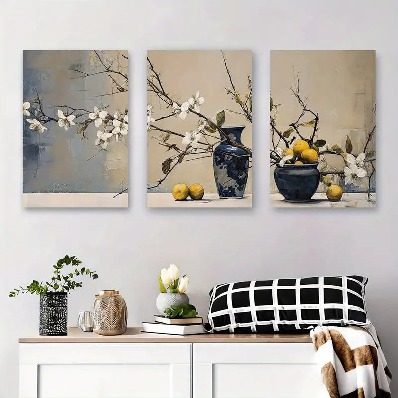 3pcs White Blossom Branches With Lemons & Vases Metal Print Ready to Hang Art
