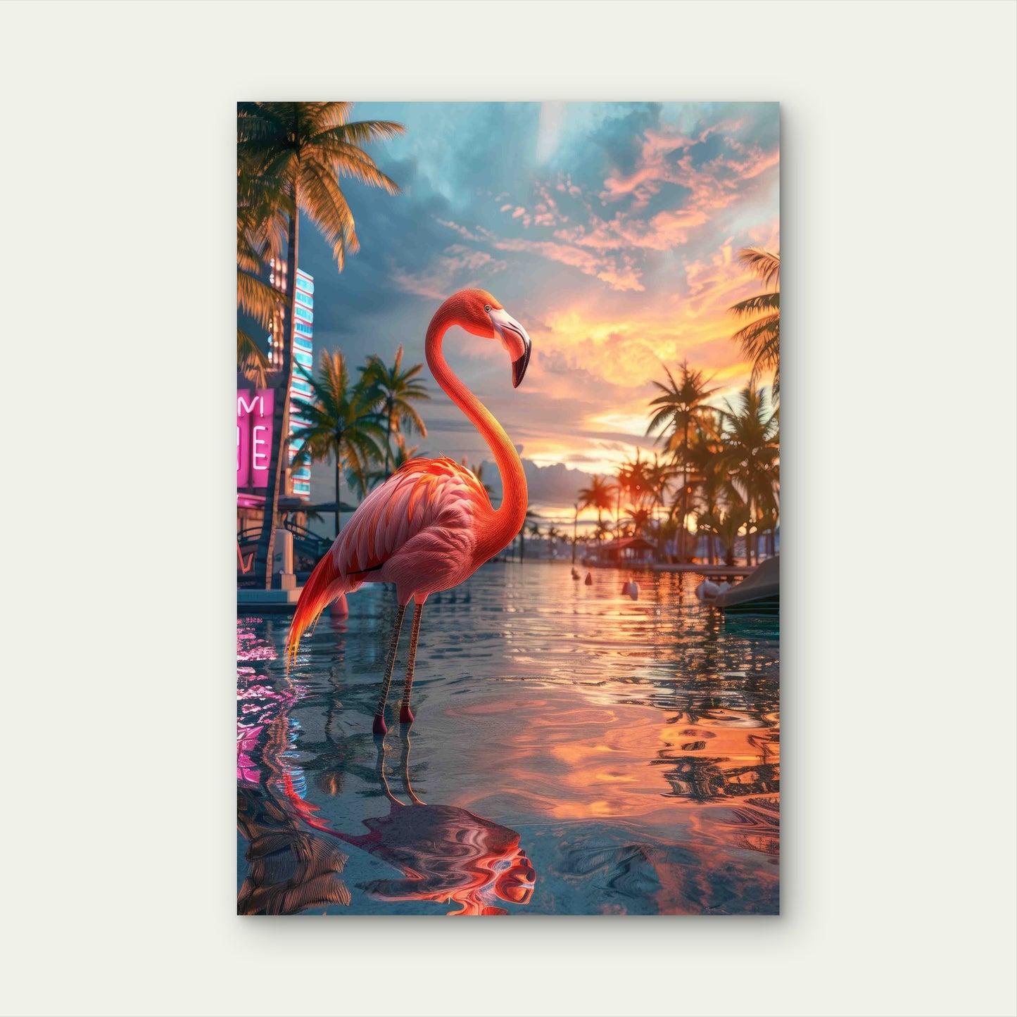 Pink Flamingo Standing on Beach 60x90cm Metal Print Ready to Hang