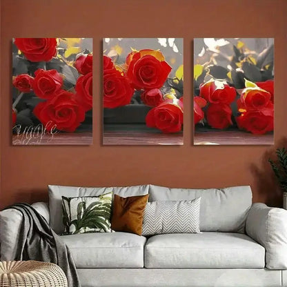 3pcs Elegant Red Rose Floral Metal Print Ready to Hang Art