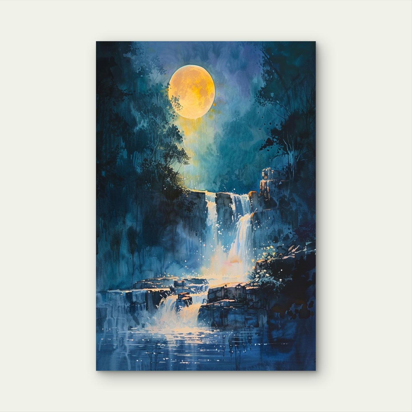 Moonlit Forest Waterfall Nocturne Blue Yellow 40x60cm Metal Print Ready to Hang