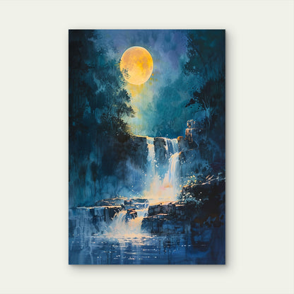 Moonlit Forest Waterfall Nocturne Blue Yellow 40x60cm Metal Print Ready to Hang