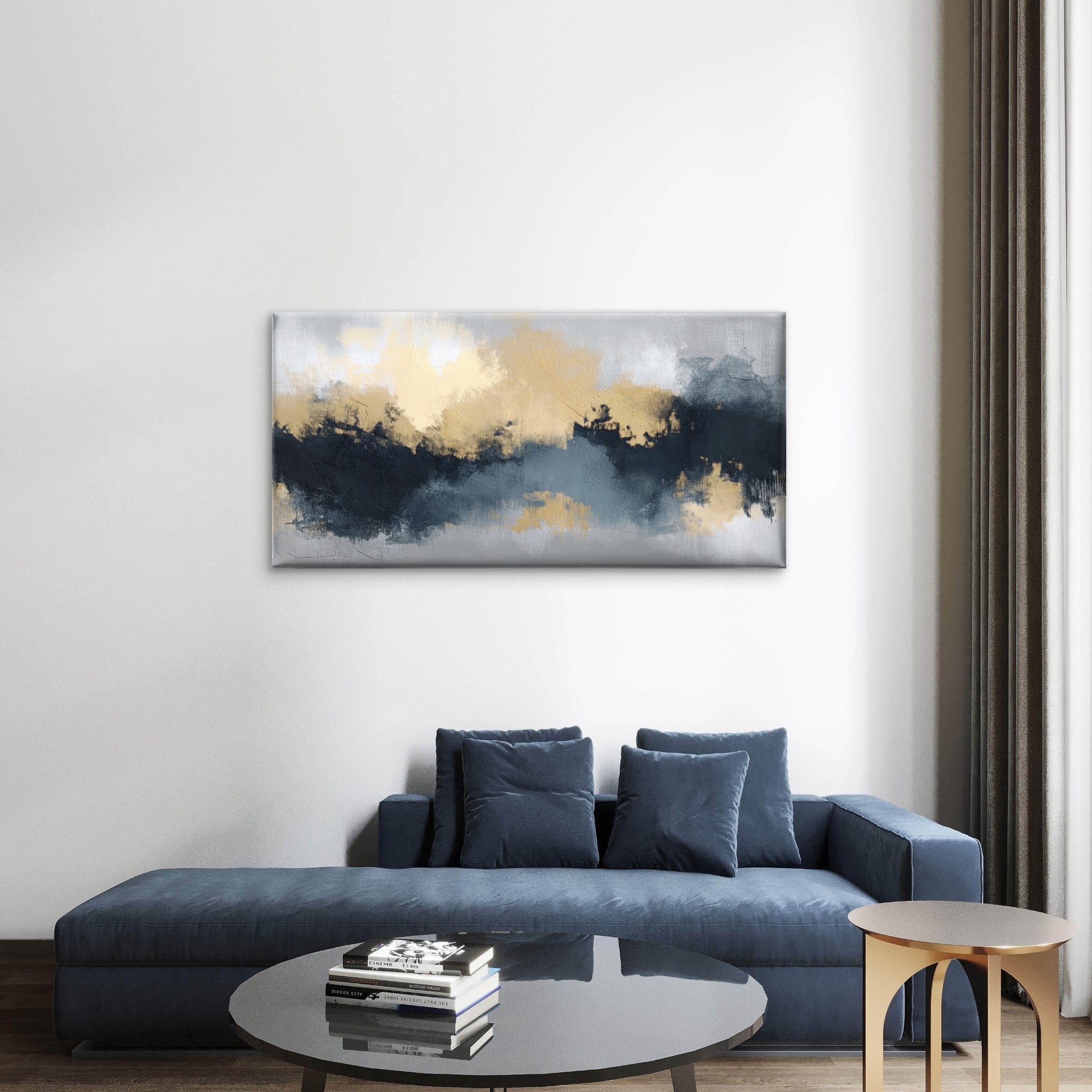 Abstract Navy Gold Cloud Oil Paint Wall Art Canvas Office Home Framed 120x60cm