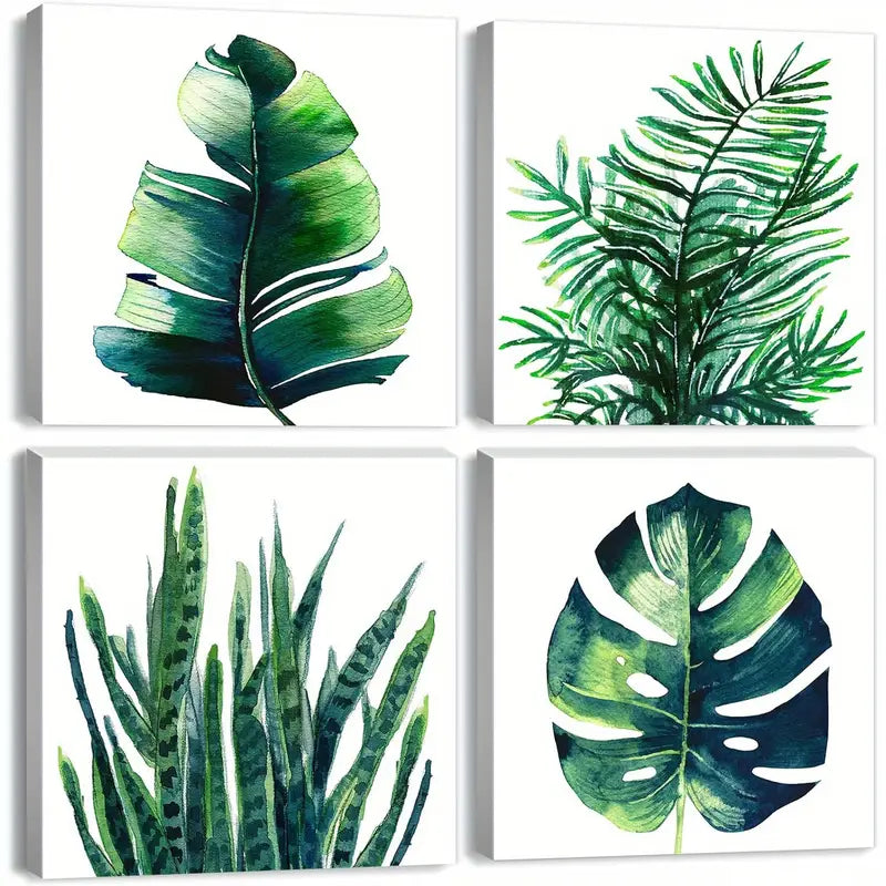 4pcs Tropical Plant Wall Art - Green Monstera Wall Art Canvas Framed