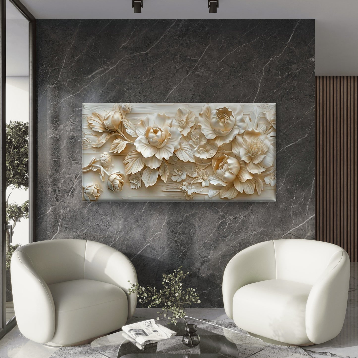 Elegant White Floral Relief Wall Art Canvas Office Home Room Framed 120x60cm