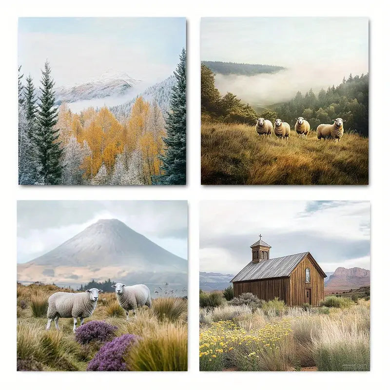 4pcs  Misty Forest, Mountain, Sheep & Barn Wall Art Canvas Framed