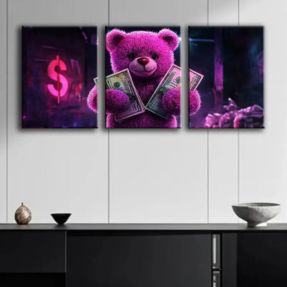 3pcs Luxurious Bear Design With Dollar Bills Metal Print Ready to Hang Art