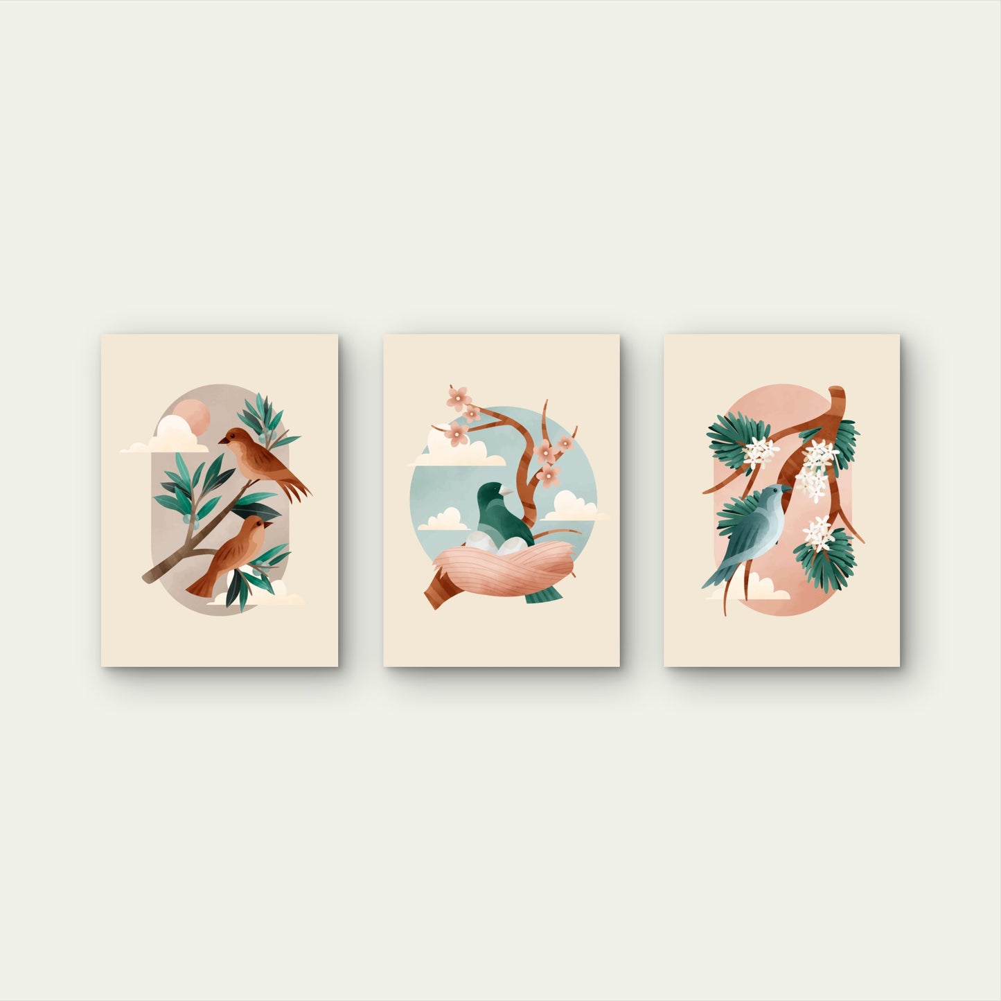 3pcs Birds on Branch Pastel Trio Neutral Metal Print Ready to Hang Art
