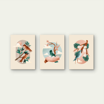 3pcs Birds on Branch Pastel Trio Neutral Metal Print Ready to Hang Art