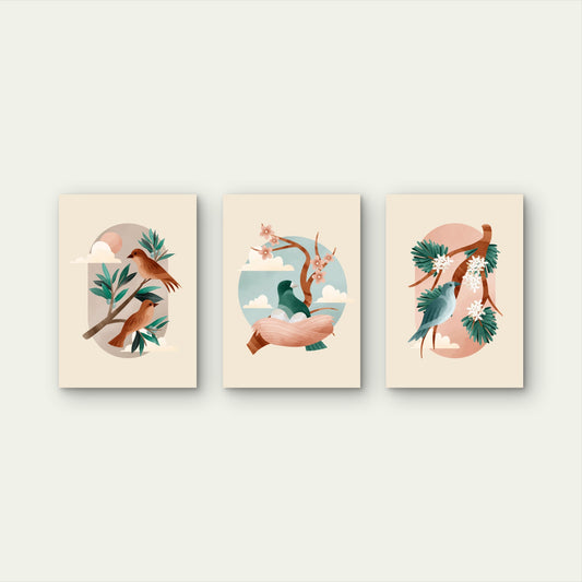 3pcs Birds on Branch Pastel Trio Neutral Metal Print Ready to Hang Art