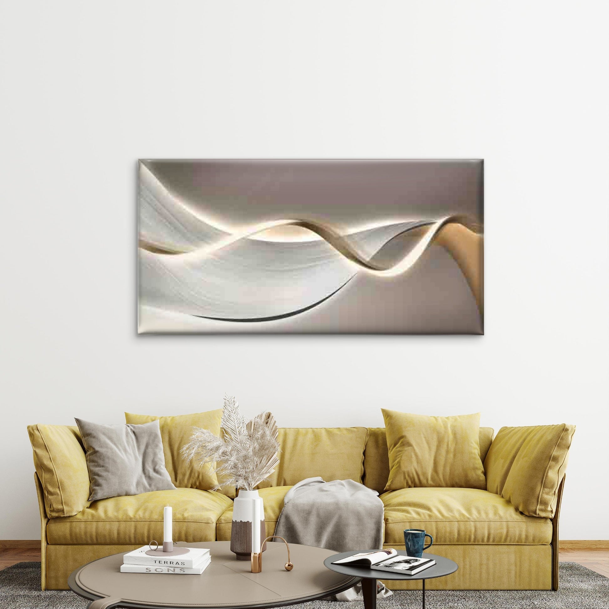 Abstract Wave Design in Neutral Wall Art Canvas Office Home Room Framed 120x60cm - Bella Home Decor