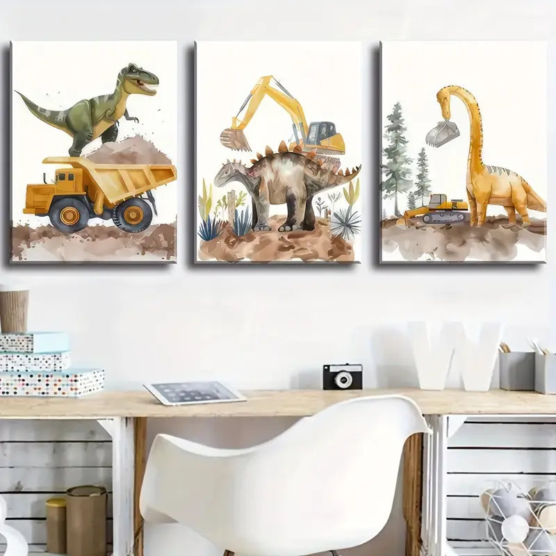 3pcs Dinosaur Architecture And Excavators Metal Print Ready to Hang Art - Bella Home Decor