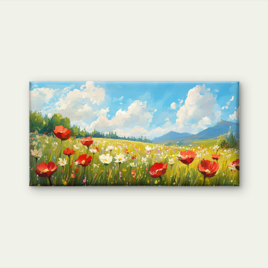 Red Poppy Flora Meadow Painting Wall Art Canvas Office Home Room Framed 120x60cm