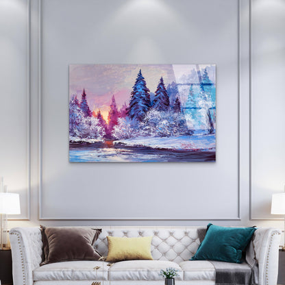 Purple Pastel Sunset Snowy Woods River Acrylic Glass Printing Wall Art Australian Made Quality