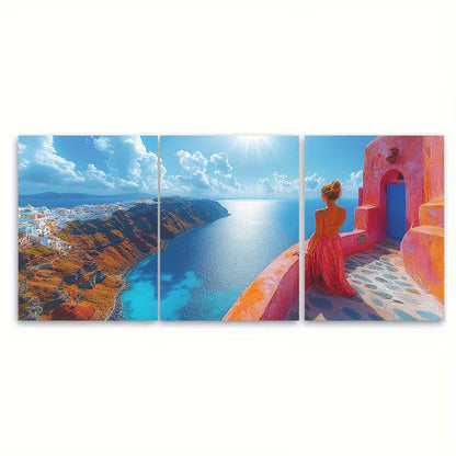 3pcs Sunset Over Fira Santorini Metal Print Ready to Hang Art