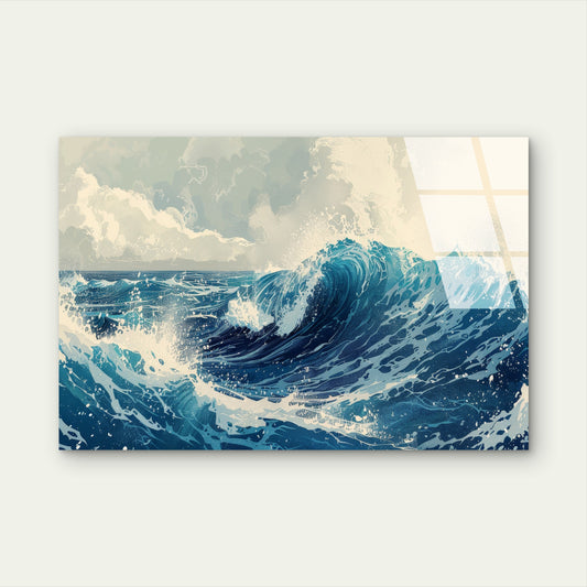 Blue Ocean Waves Crashing Sea Glass Printing Wall Art Australian Made Quality