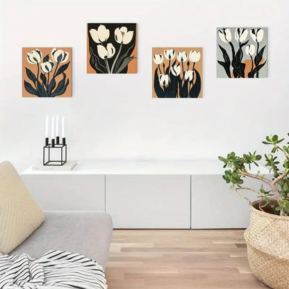 4pcs Abstract Orange Flower Vintage Wall Art Canvas Framed