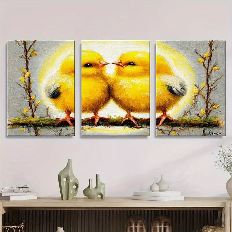 3pcs Two Yellow Chicks In Love With Floral Branche Metal Print Ready to Hang Art