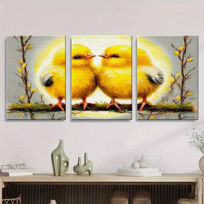 3pcs Two Yellow Chicks In Love With Floral Branche Metal Print Ready to Hang Art