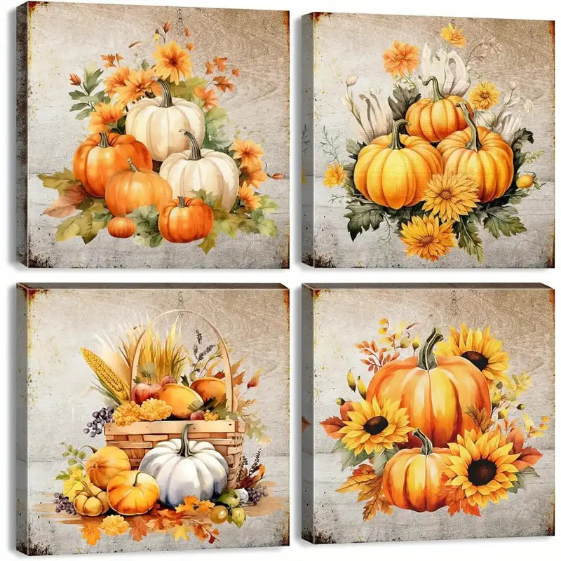 4pcs  Pumpkin & Rustic Sunflower Pictures  Wall Art Canvas Framed - Bella Home Decor