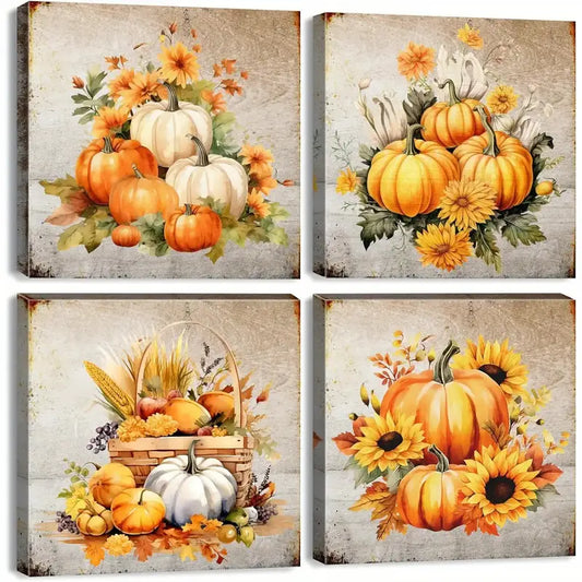 4pcs  Pumpkin & Rustic Sunflower Pictures  Wall Art Canvas Framed