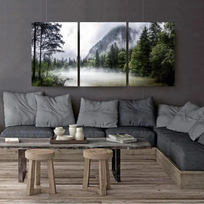 3pcs Nordic Foggy Mountain Forest Scene Wall Art Set Canvas Framed 40x60cm - High Quality Print 100% Australian Made Wall Canvas Ready to Hang