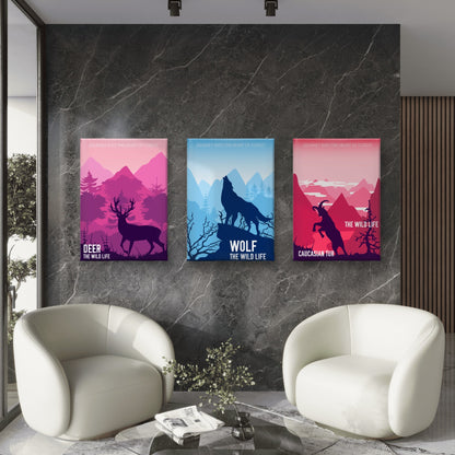 3pcs Deer Wolf Caucasian Tur Wild Animal Wall Art Set Canvas Framed 60x90cm - High Quality Print 100% Australian Made Wall Canvas Ready to Hang