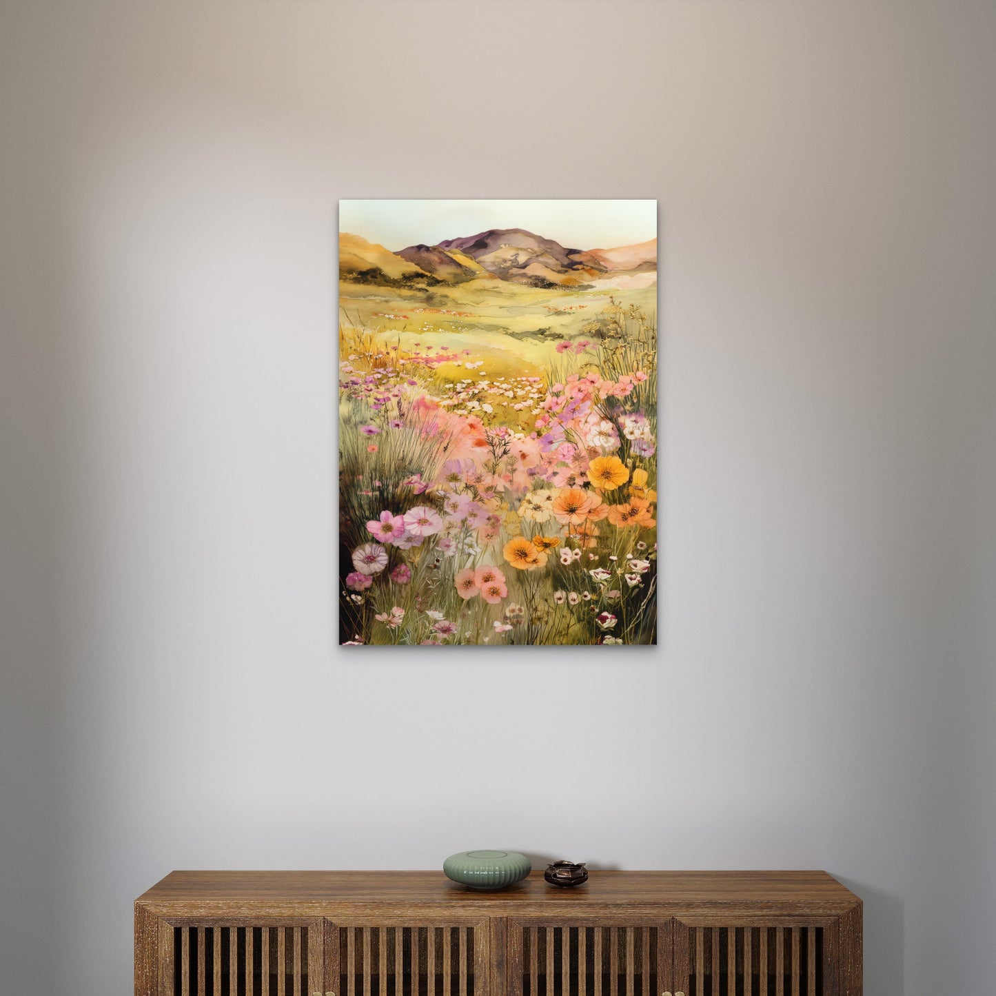 Pastel Wildflower Meadow Hill 40x60cm Metal Print Ready to Hang - Bella Home Decor