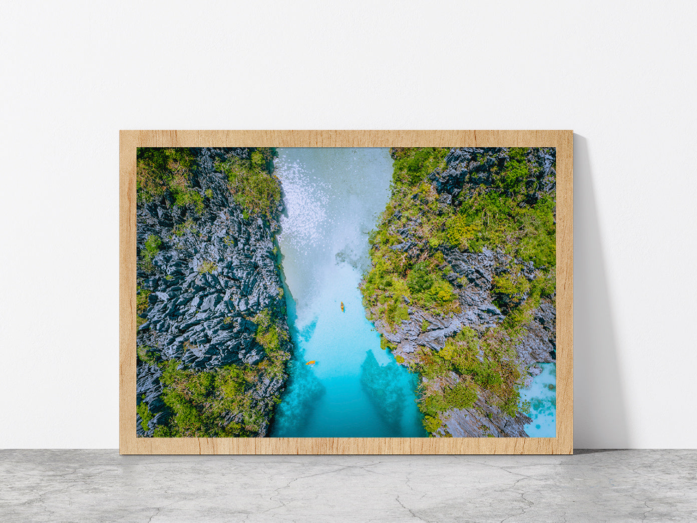 Bay Of Water Surrounded By Cliffs Glass Framed Wall Art, Ready to Hang Quality Print Without White Border Oak