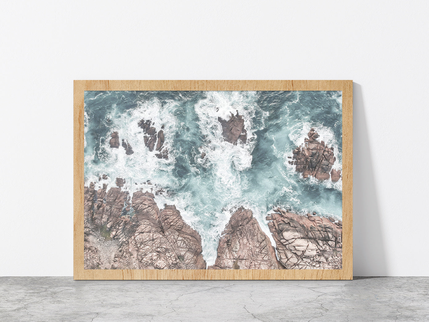 Seawaves over Rocks Aerial Photograph Glass Framed Wall Art, Ready to Hang Quality Print Without White Border Oak