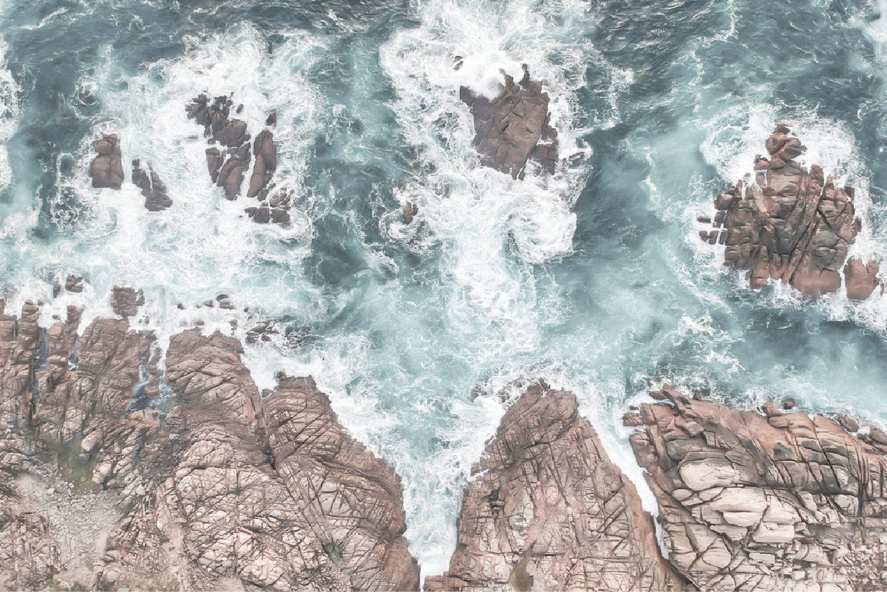 Seawaves over Rocks Aerial Photograph Glass Framed Wall Art, Ready to Hang Quality Print