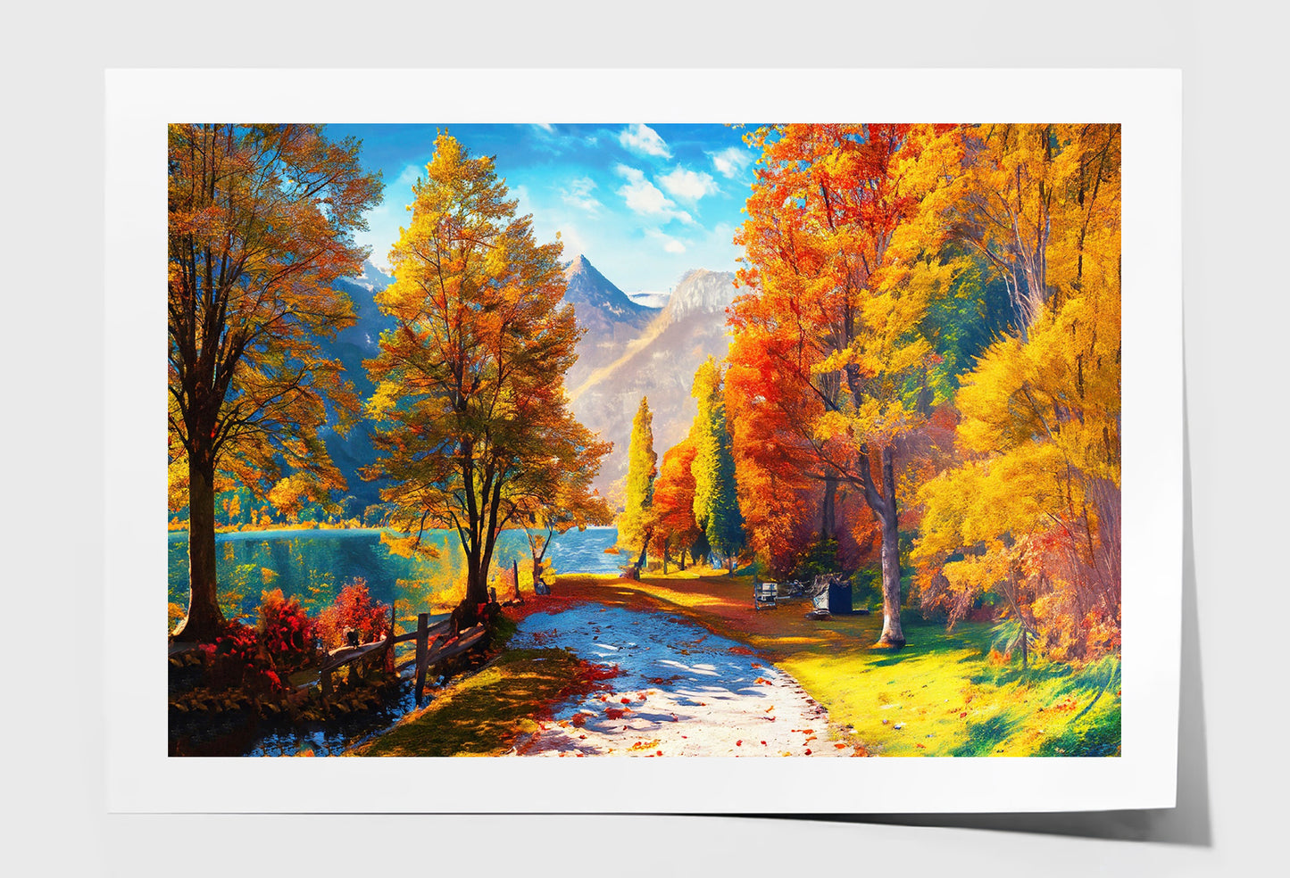 Autumn Trees near Lake & Mountains Oil Painting Wall Art Limited Edition High Quality Print Unframed Roll Canvas None